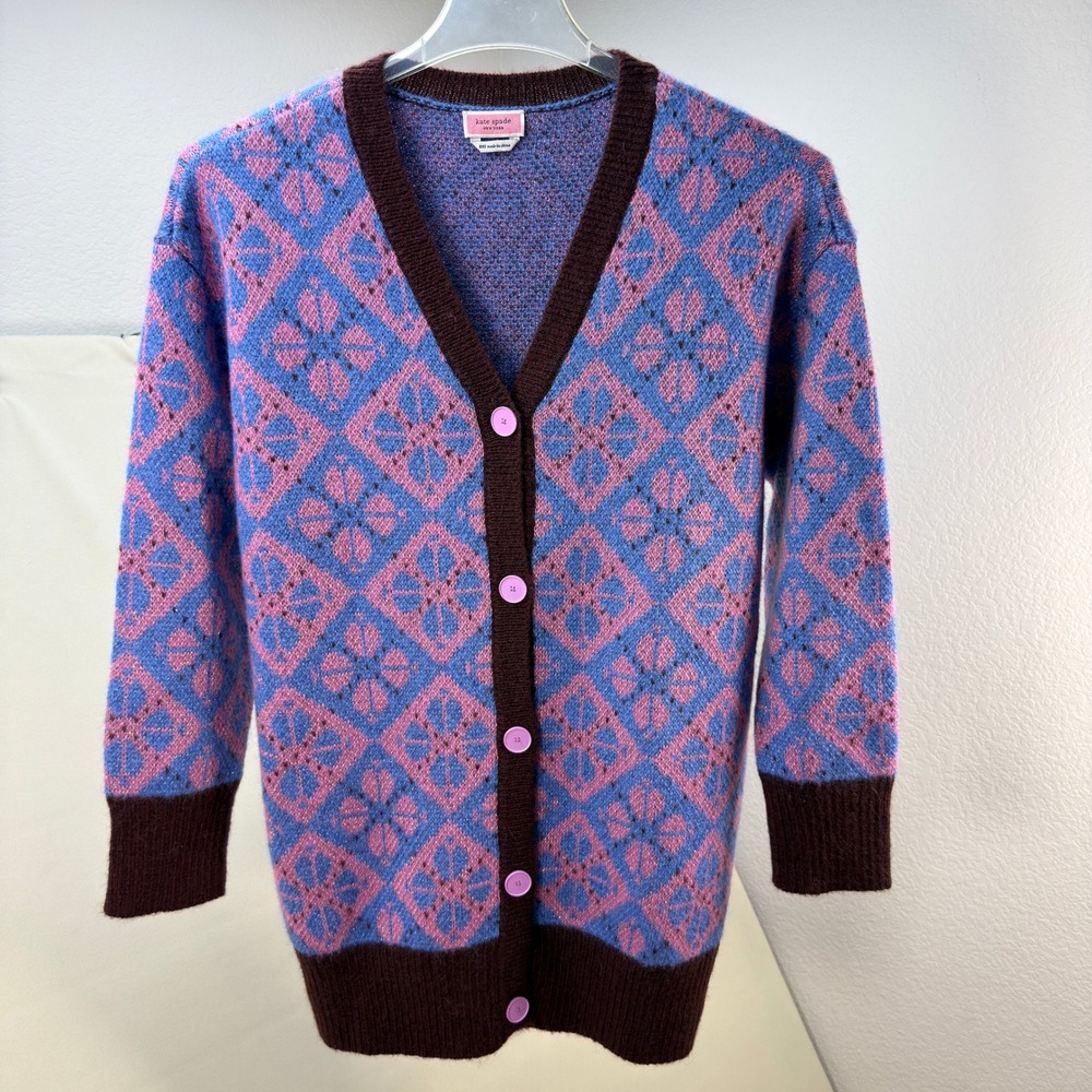 Kate Spade Cardigan Women XXS Purple Pink Geometric Argyle V-Neck Sweater